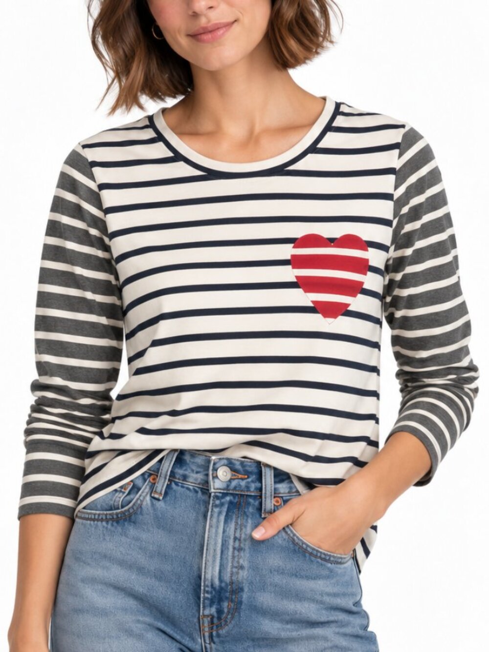 J.Crew Inset Heart Striped Long Sleeve T-Shirt Navy Gray Red Size M